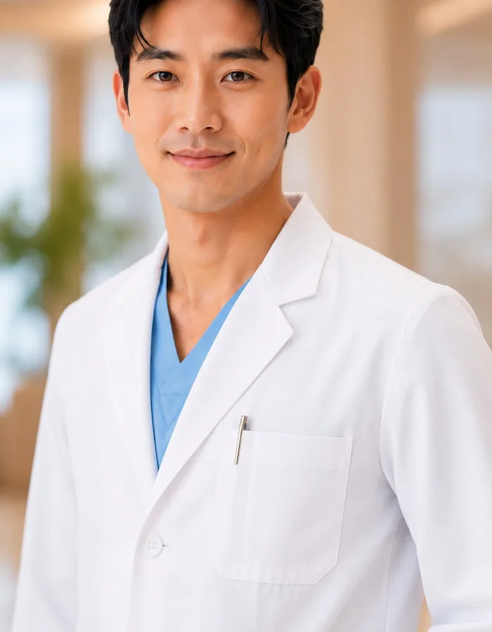 รายละเอียดกระเป๋าอกและช่องใส่ปากกาของเสื้อคลุมแพทย์ LENG55+